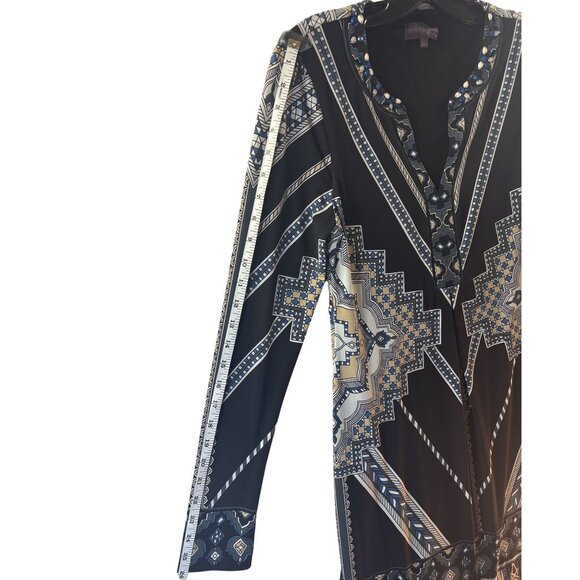 Hale Bob S Beaded Geometric Print Long Sleeve V-Neck Black Tunic Dress Womens - Picture 6 of 7